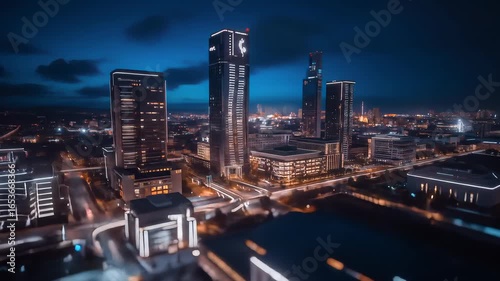 Wallpaper Mural Futuristic Cityscape Aerial View at Dusk with Glowing Buildings and Traffic Trails Torontodigital.ca