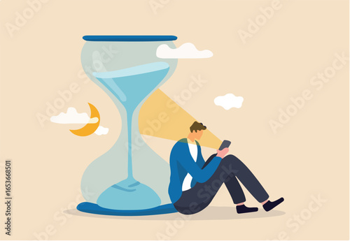 Screen time, doom scrolling or wasted time using smartphone, staying late night with mobile addiction concept, exhausted man sitting with sandglass using smartphone with bright light on his face.