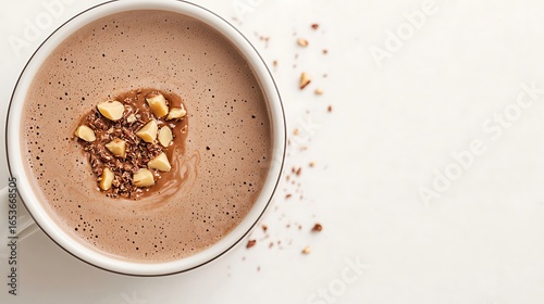 Cozy hot chocolate with chopped nuts and drizzle
