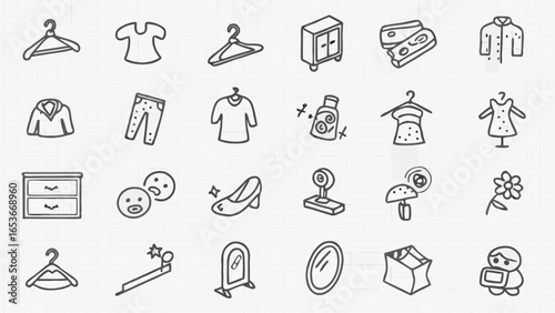 Charming doodle icons of fashion clothing and accessories for creative design projects and whimsical illustrations