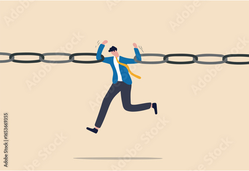 Business risk, vulnerability, danger and weakness or conflict causing failure in business and investment concept, tried fatigue businessman trying to hold broken chain together with his low energy.