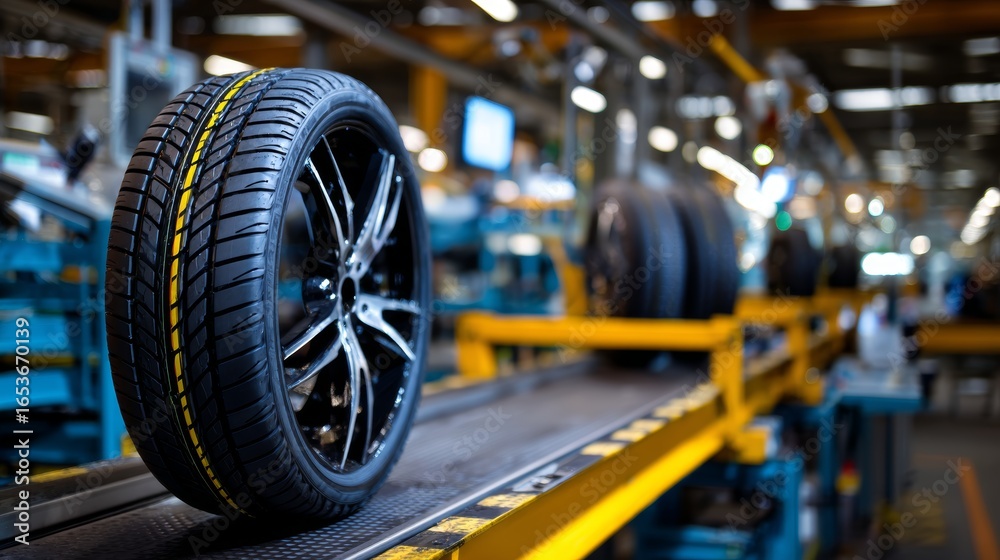 Fototapeta premium A tire on a factory conveyor belt, manufacturing concept