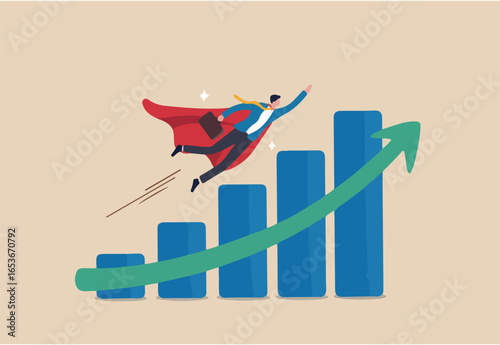 Growth or growing business success, increase sales or career improvement, earn more investment profit or earning, rising up or up trend concept, businessman superhero fly up exponential growth chart. 