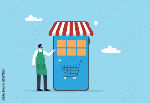 Online shop or e-commerce store, small business owner or entrepreneur shopkeeper, mobile website or app to purchasing product, retail digital shelf concept, young shopkeeper with online mobile store. 