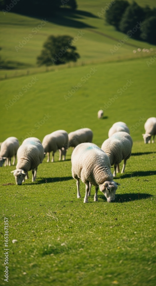 Obraz premium Sunlit Flock Grazing Peacefully on Rolling Verdant English Countryside Hills