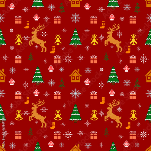 Pixelated Christmas scene with snowman gifts snowflakes and trees on a red backdrop