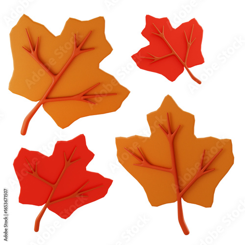 3D Render Photograph of four autumn leaves in orange and red tones on white background, suitable for fall promotions.