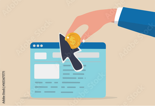 Paid media or pay per click advertising, marketing campaign pay for online ads for users to visit website concept, businessman marketer push money coin into mouse pointer to click to website.