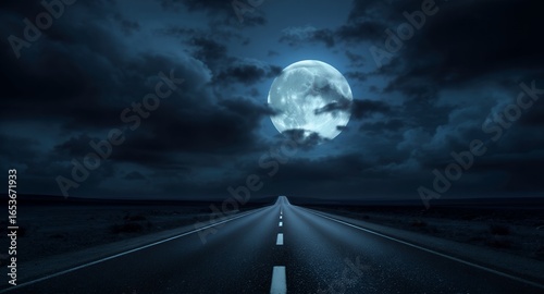 Full Moon Night, Open Road Stock Photo Dramatic Highway Night Sky