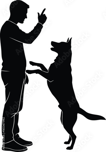 Silhouette of man training dog, standing person teaching obedient pet, human giving command, loyal dog standing on hind legs, companionship, training