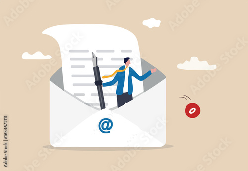 Writing email like professional, email communication for best business negotiation, storytelling or apply for new job concept, smart businessman in opening email envelope holding fountain pen. 