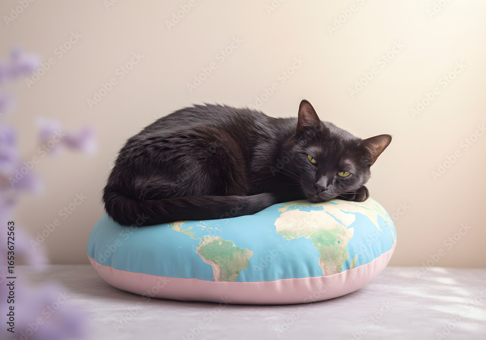 Naklejka premium Black cat relaxing on world map cushion
