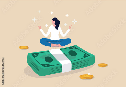 Financial wellbeing, money management, savings or investment, making money or wealth accumulate, income, salary or wages concept, success woman lotus meditating on pile of money banknotes and coin.