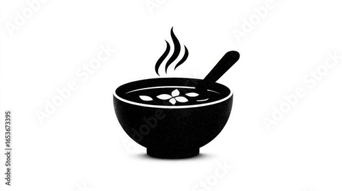 Bowl holding hot soup with steam rising monochrome icon on white background.