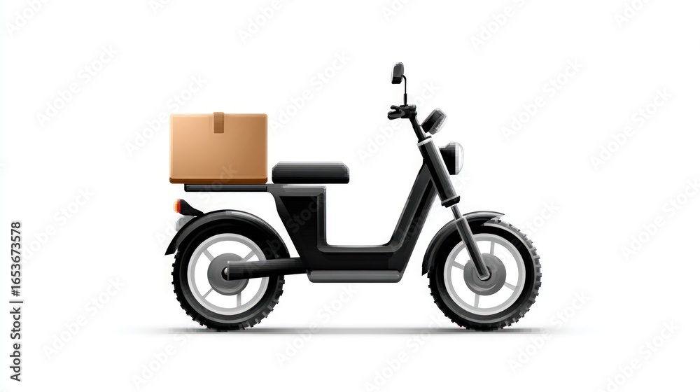 Obraz premium Scooter delivers box on white background.