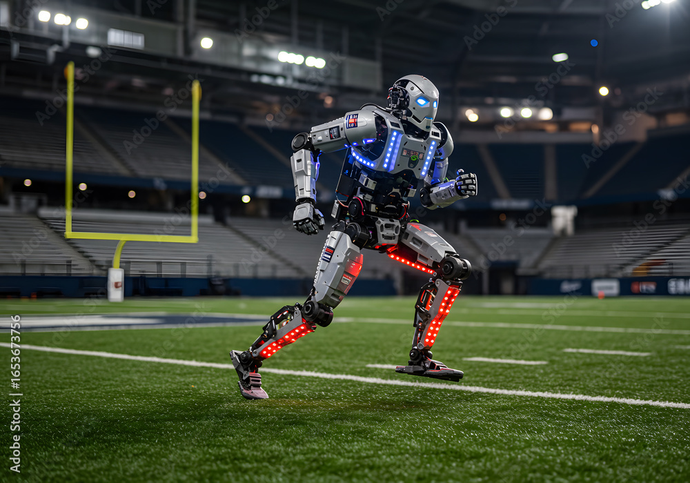 Fototapeta premium Futuristic robot running on sports field