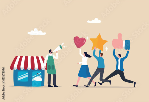 Customer loyalty or retention, marketing strategy for return customer, CRM to increase sale and satisfaction concept, store owner with megaphone tell loyalty customers with brand positive feedback.