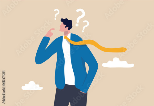 Skeptical, distrust or questioning about business deal, thinking to make decision, doubtful or confusion concept, businessman with suspicious gesture thinking about things with question mark signs.