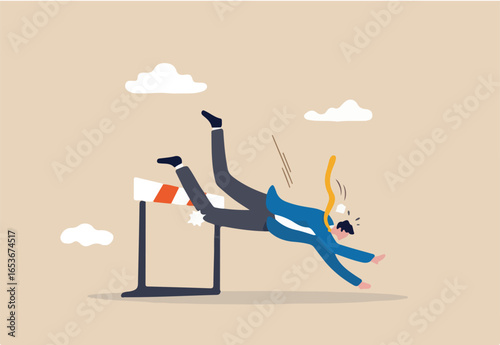 Business failure, mistake or cannot overcome difficulty or obstacle, problem or underperform employee concept, frustrated businessman loser fail to jump over hurdle and falling to the ground.