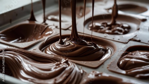 Melted chocolate pouring into molds