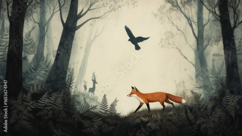 Misty forest scene with fox