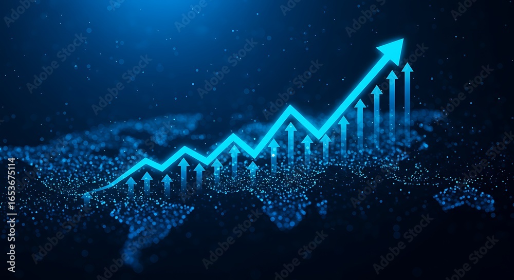 Naklejka premium Rising Blue Arrow Trend Line on Digital Dotted World Map