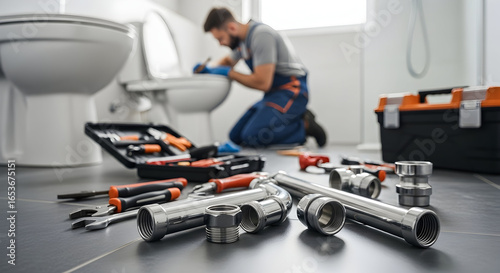 Professional plumber fixing a toilet in a modern bathroom, with various tools and new pipes laid out on the floor, ready for plumbing repair and service.