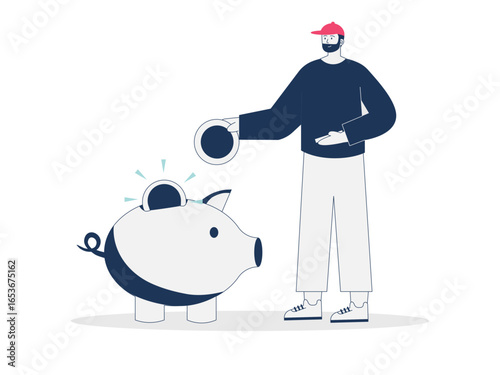 Man wearing red hat putting coins into piggy bank. Trading illustration. Character design. Flat vector illustration.