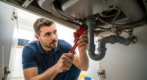 Professional Male Plumber Fixing Leaky Sink Pipes Under a Kitchen Cabinet with a Wrench, Showing Home Repair Service
