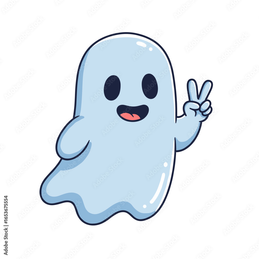 Obraz premium Friendly blue cartoon ghost smiling and making a peace sign, with a playful and cute expression.