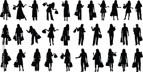 Silhouette people shopping with bags, woman and man carrying purchases, retail consumer concept, fashion lifestyle, store buyers, vector illustration design