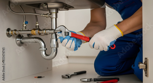 Professional plumber fixing leaky pipe under kitchen sink with wrench, home maintenance and repair service concept.