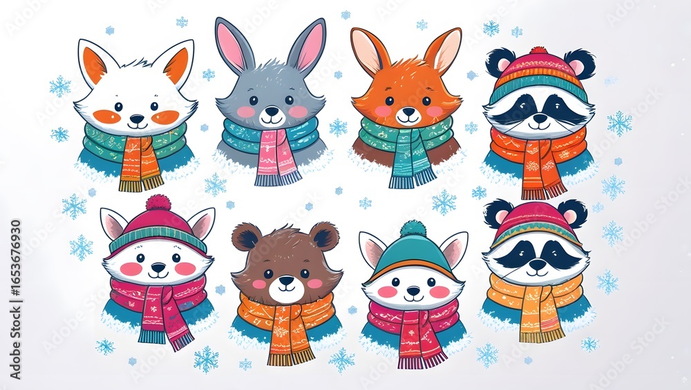 Naklejka premium A collection of illustrations with cute winter animals: foxes, rabbits, bears, and raccoons in hats and scarves. Suitable for children's books, clothing, cards, and design.