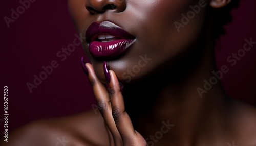 Striking Lipstick Detail Dark Gloss Elegant Hand Pose Moody Studio Shot Maroon Background