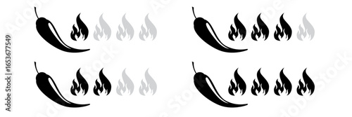 Hot pepper icons and spice level scale vector for food labels menu design or chili sauce packaging with red jalapeno cayenne and chili illustrations in various heat intensity levels