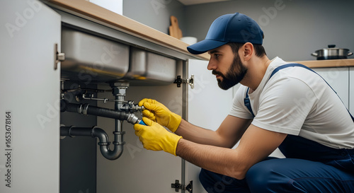 Skilled plumber fixing leaky pipes under a modern kitchen sink, demonstrating professional maintenance and home repair service.