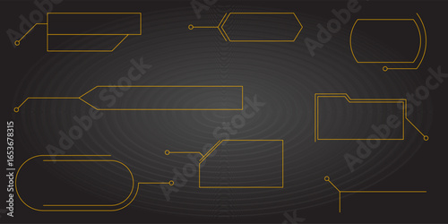 Modern hud interface with title callout text box frame and border menu. Collection of futuristic board shapes for game ui layout business banner or web design template