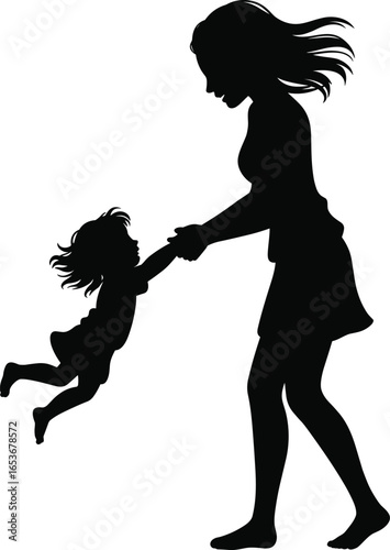 Mother swinging child silhouette, joyful family moment vector, parenting concept illustration, emotional bond, black and white lifestyle clipart