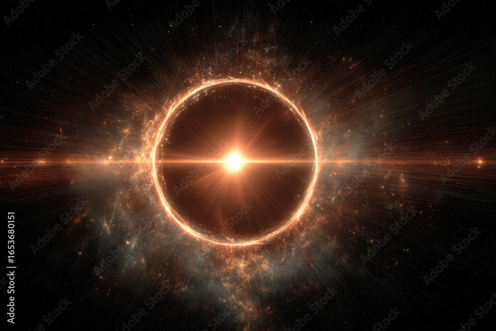 Fototapeta premium Radiant glowing light source surrounded by fiery ring with cosmic dust and starry space creating stunning celestial visual effect