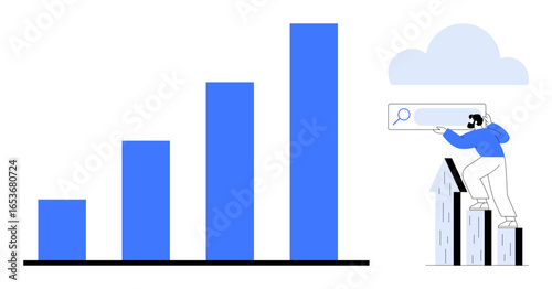 Male figure using a telescope stands on buildings, observing a four-bar graph showing growth. Ideal for progress, growth, business strategy, success, vision, planning analytics. A simple flat