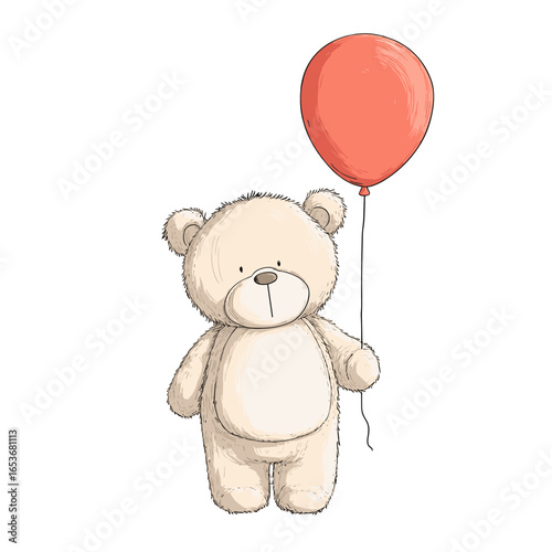 Teddy Bear Holding Red Balloon: A charming illustration of a cuddly teddy bear, depicted in a minimalist style, clutching a vibrant red balloon, radiating innocent joy and cheerfulness.