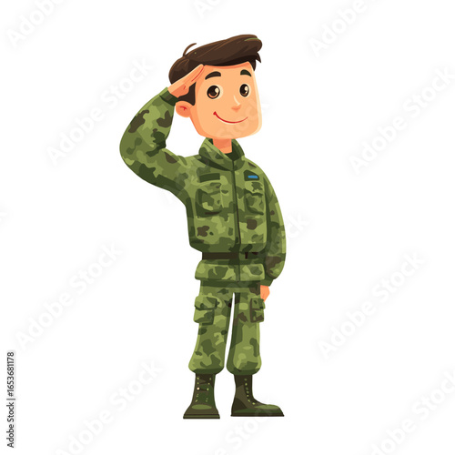 A Military Salute: A smiling young soldier, dressed in camouflage attire, offers a respectful salute.
