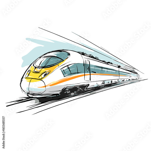 Speeding Train: A sleek high-speed train streaks across the frame, its dynamic lines conveying a sense of rapid motion and modern transportation. Capturing the essence of speed and efficiency.