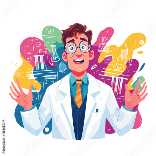 The Joyful Scientist: A cheerful scientist with glasses stands in a lab coat against an artistic backdrop. Embracing the thrill of science and discovery!