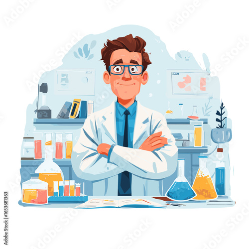 Scientist in the Laboratory: A focused scientist in a lab coat, stands confidently amidst beakers and test tubes, symbolizing the wonders of scientific discovery.
