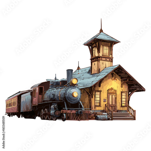 Vintage Train Station: A charming vintage train station stands proudly, with an antique locomotive and passenger cars, rendered in a nostalgic illustration, ready to journey into the past.