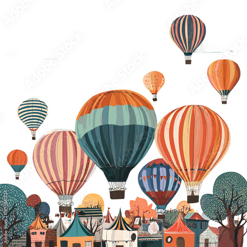 Soaring Dreams Over a Quaint Town: A colorful flotilla of hot air balloons drifts gracefully above a picturesque townscape, creating a scene of whimsical adventure and wanderlust. 
