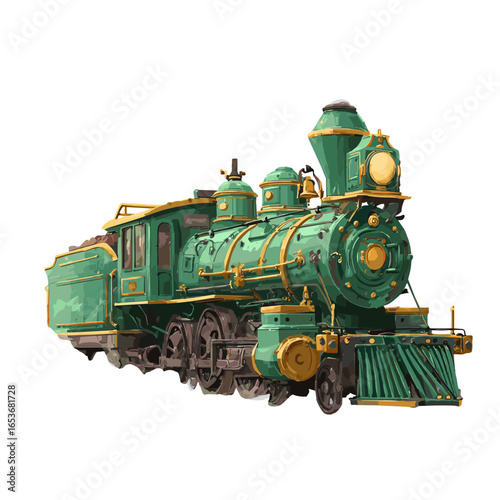 Vintage Green Train: An illustrated vintage steam train, painted with lush green and gold accents, evokes nostalgia for a bygone era of rail travel and adventure.