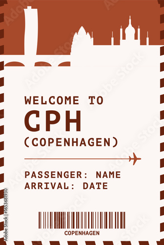 Welcome to Copenhagen, Denmark card template. Vector boarding pass style postcard illustration with airport code, city skyline, flight info. Luggage tag image layout