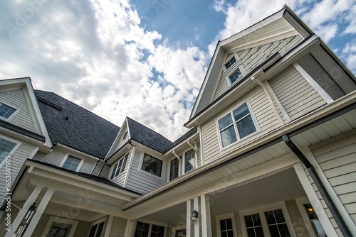 Stunning Worm's Eye View of a Modern Farmhouse Exterior with Cloudy Sky